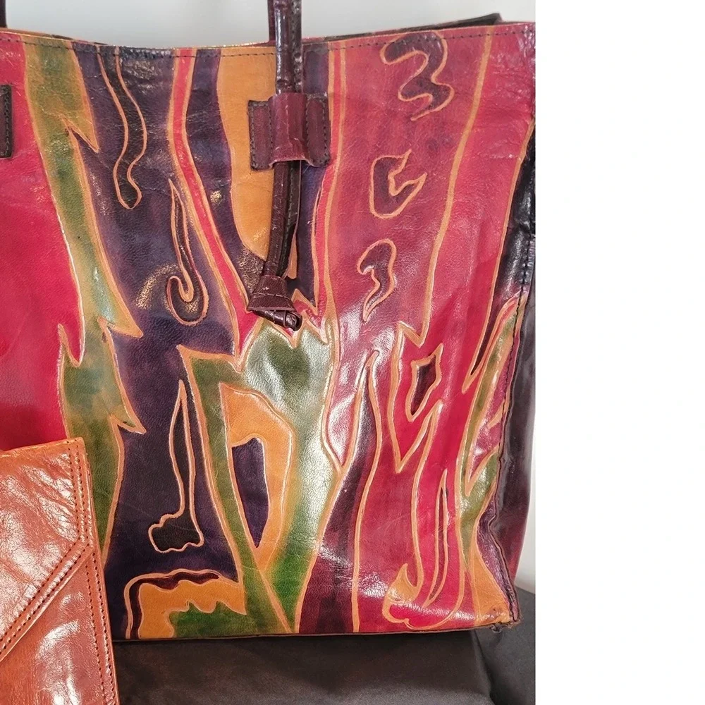 Vintage Leather Embossed Tote Bag Multicolor Abstract Design Shoulder‎ Bag